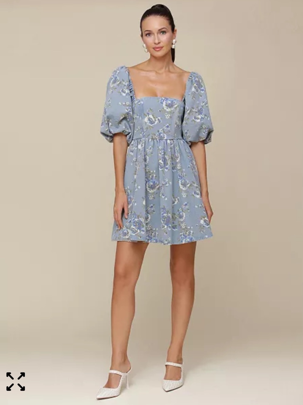 Avec Les Filles Square-Neck Baby Doll Dress Denim Floral Bow Back Size XS